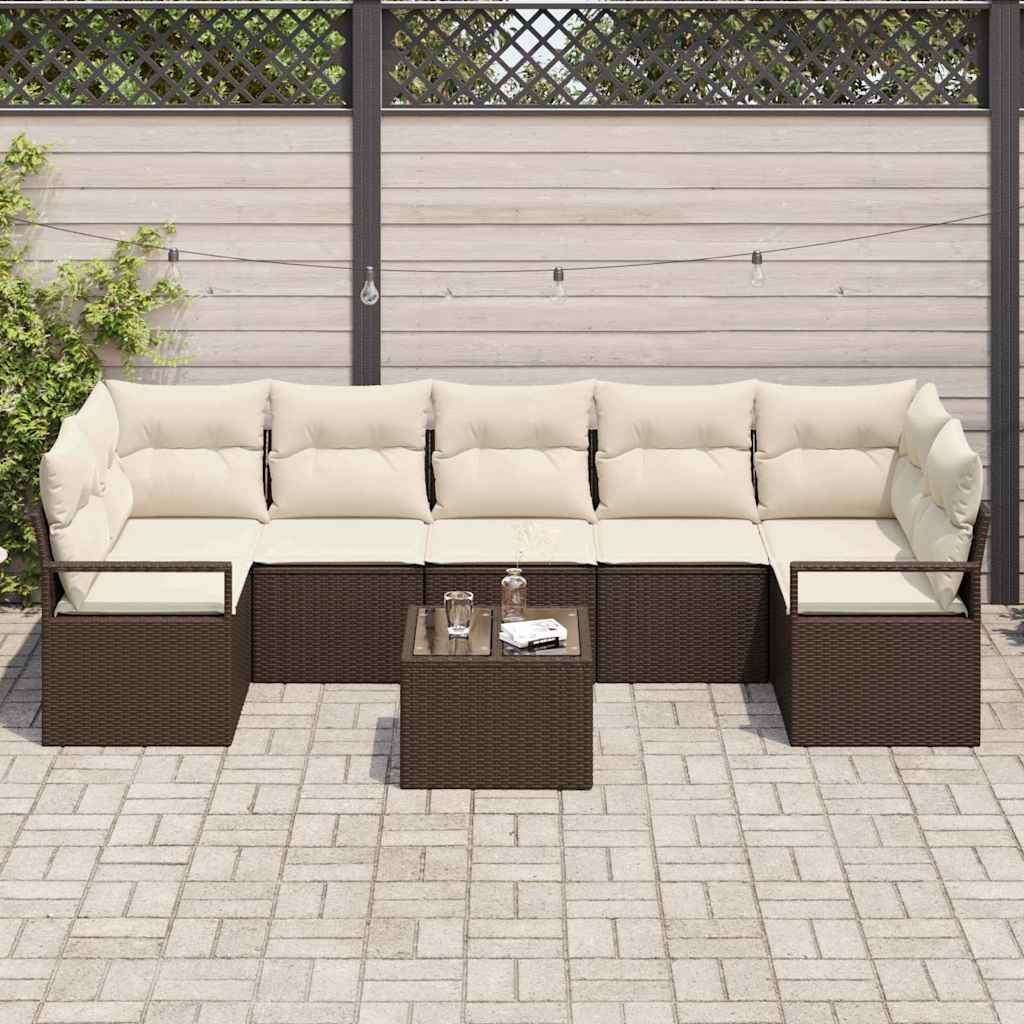 vidaXL Tuinbank Set 8 pcs Zwart en Crème Poly rattan, staal en glas