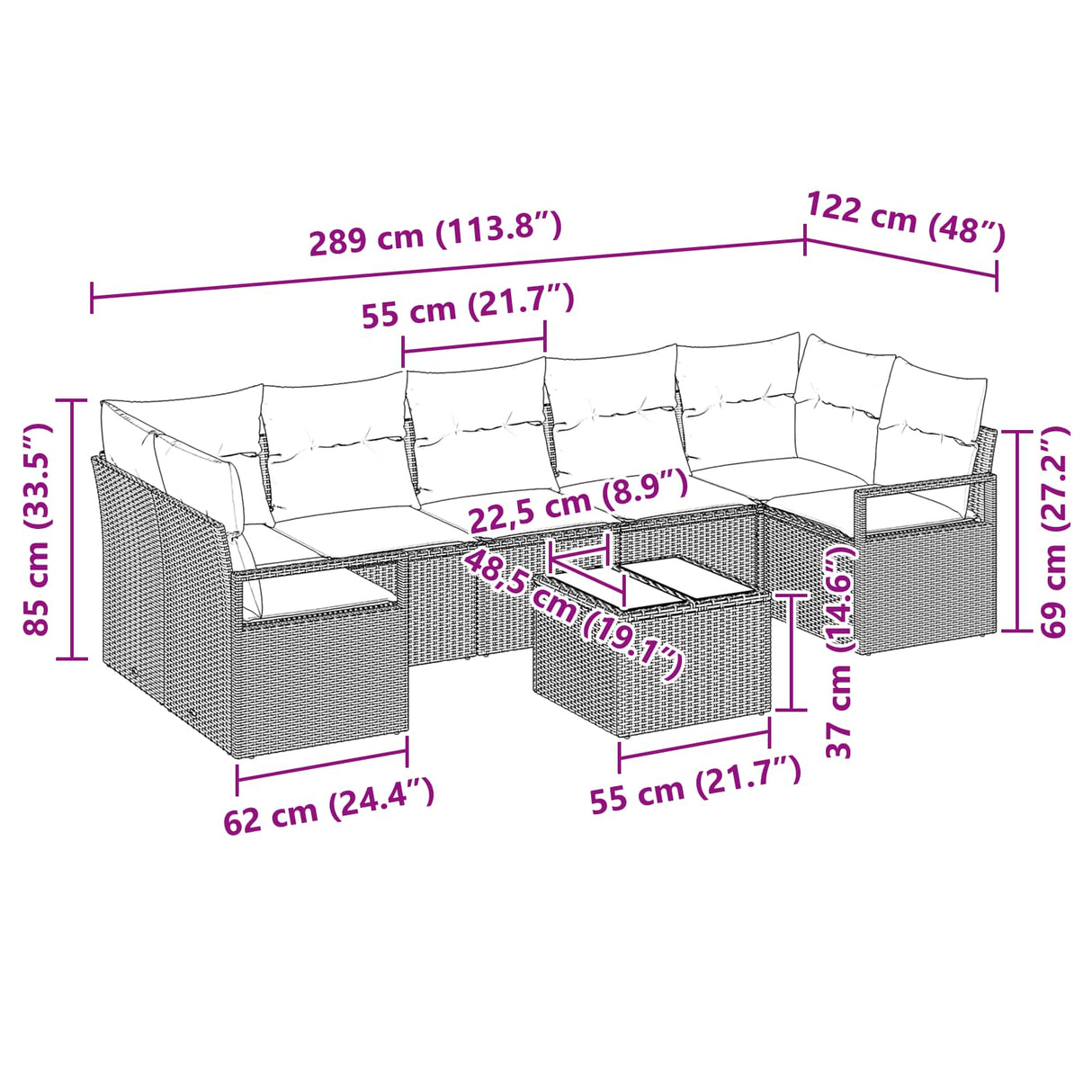 vidaXL Tuinbank Set met kussen 8 pcs Beige en Rood poly rattan