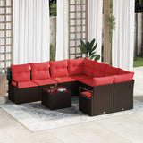 vidaXL Bankstel met kussen met opslag 9 pcs Beige en Rood poly rattan