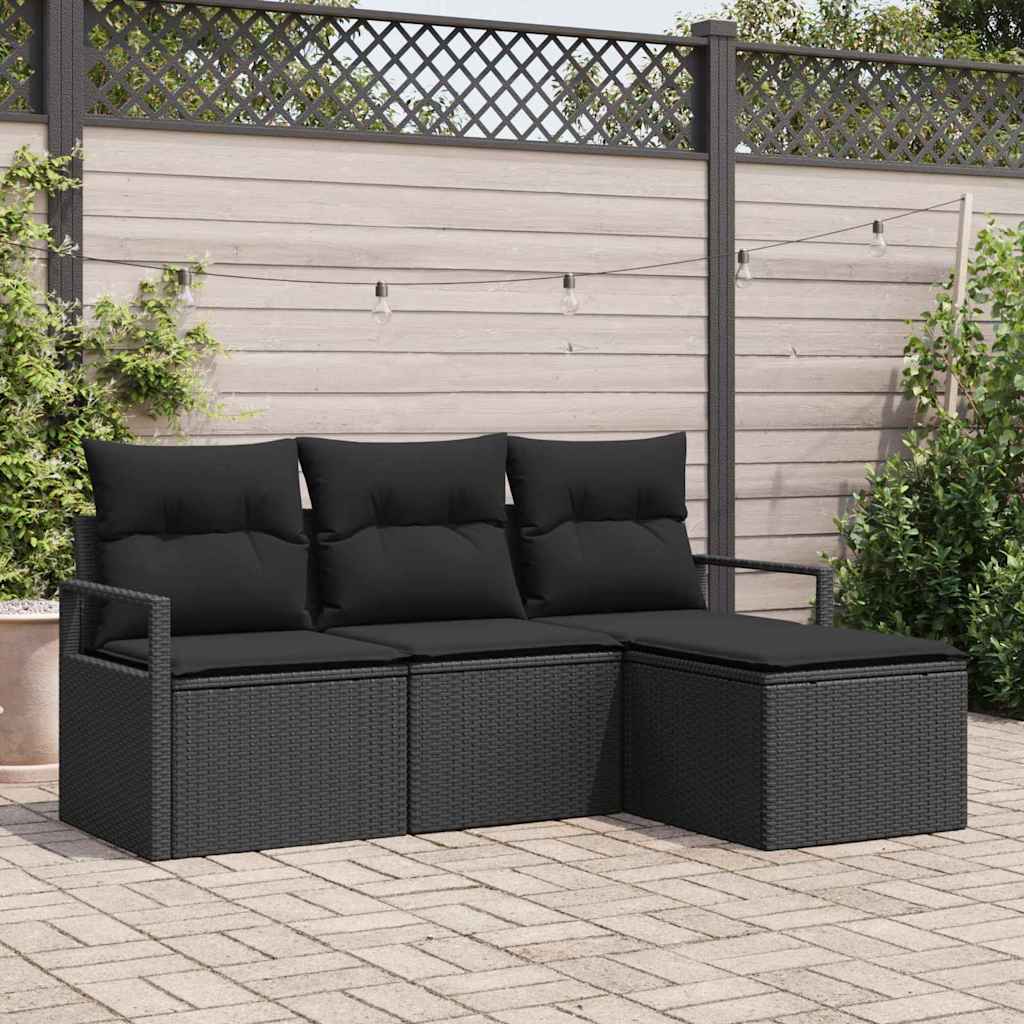 vidaXL Bankstel met kussen met opslag 4 pcs Zwart en Crème poly rattan