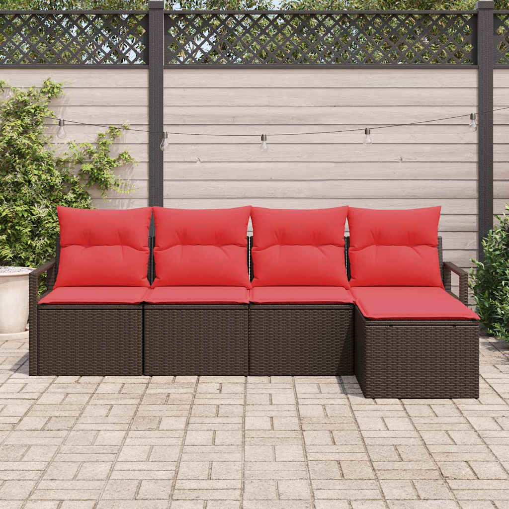 vidaXL Bankstel met kussen met opslag 5 pcs Bruin en Rood poly rattan