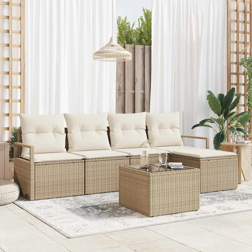 vidaXL Sofa Set with Cushion and Storage 5 pcs Black and Cream Poly Rattan