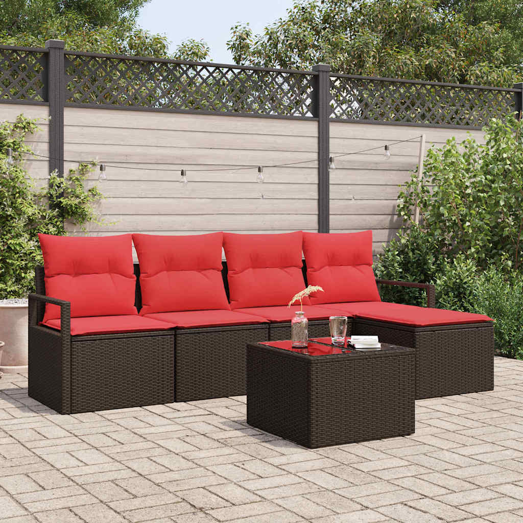 vidaXL Bankstel met kussen met opslag 5 pcs Bruin en Rood poly rattan