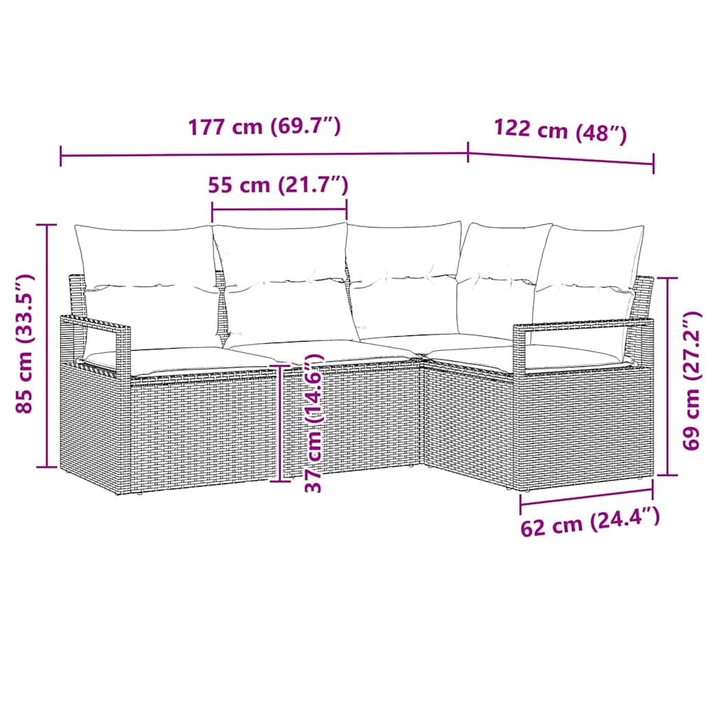 vidaXL Bankstel met kussen met opslag 4 pcs Zwart en Crème poly rattan