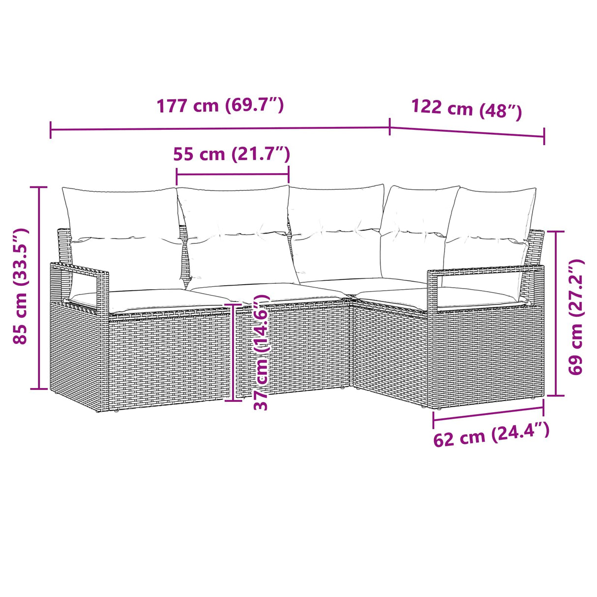 vidaXL Tuinbank Set met kussen 4 pcs Bruin en Rood poly rattan