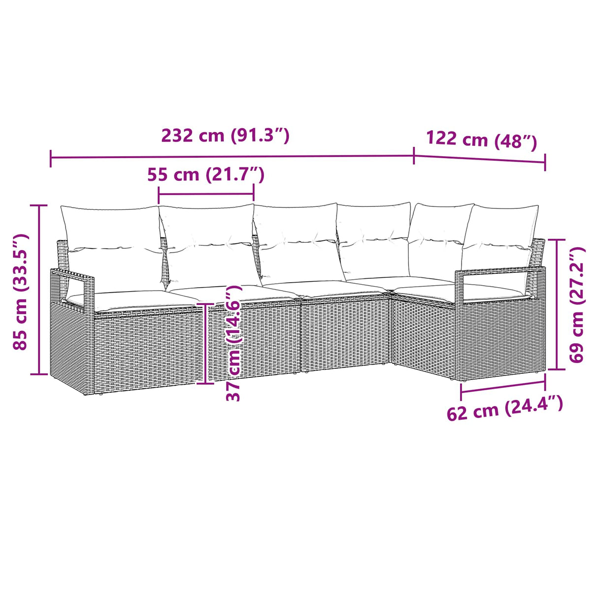 vidaXL Tuinbank Set met kussen 5 pcs Bruin en Rood poly rattan