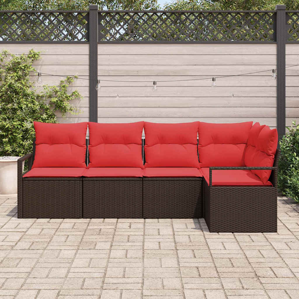 vidaXL Tuinbank Set met kussen 5 pcs Bruin en Rood poly rattan