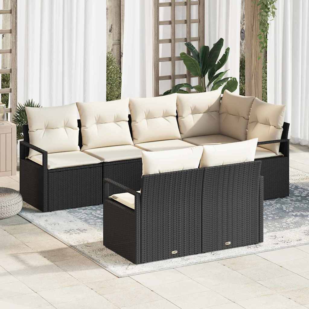 vidaXL Tuinbank Set met kussen 7 pcs Zwart en Wit poly rattan