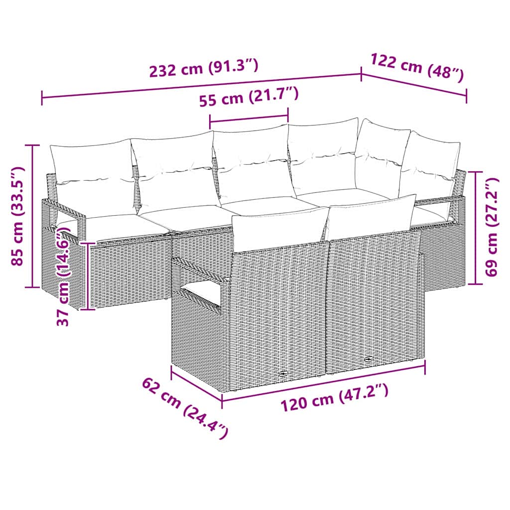 vidaXL Tuinbank Set met kussen 7 pcs Zwart en Wit poly rattan
