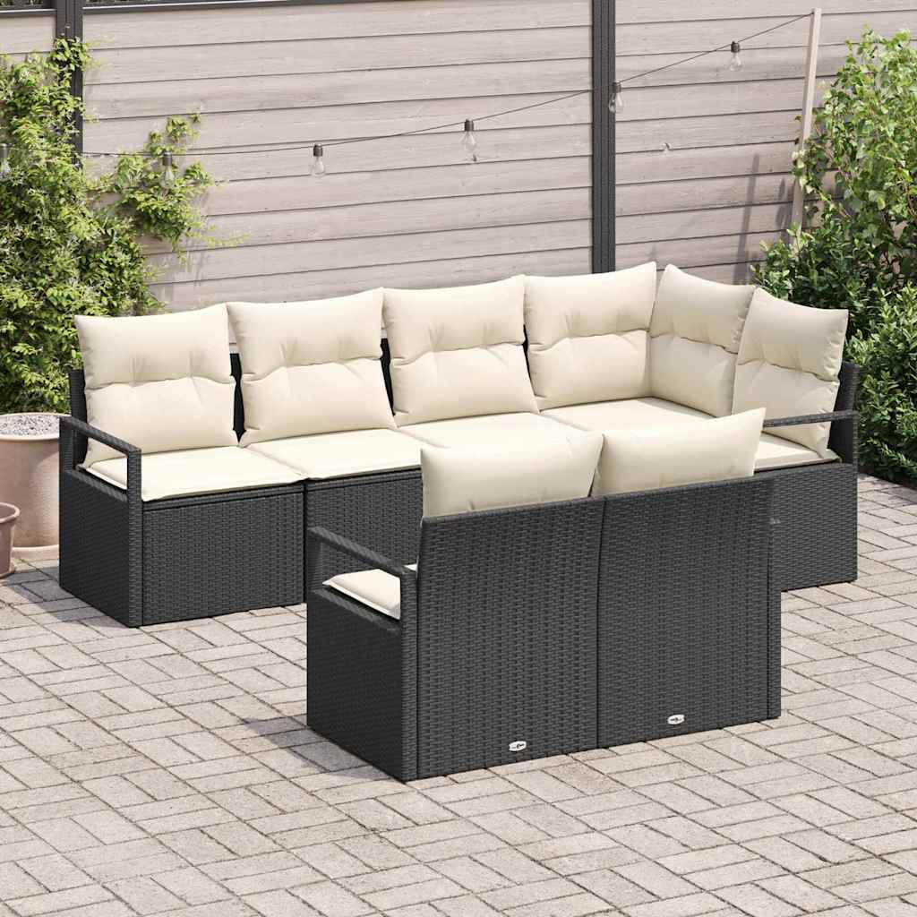 vidaXL Tuinbank Set met kussen 7 pcs Zwart en Wit poly rattan