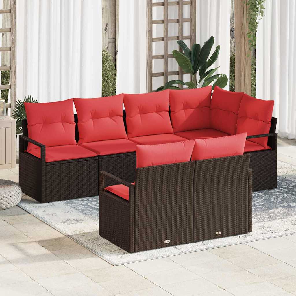 vidaXL Tuinbank Set met kussen 7 pcs Bruin en Rood poly rattan