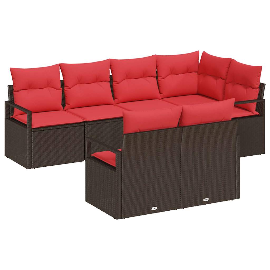 vidaXL Tuinbank Set met kussen 7 pcs Bruin en Rood poly rattan