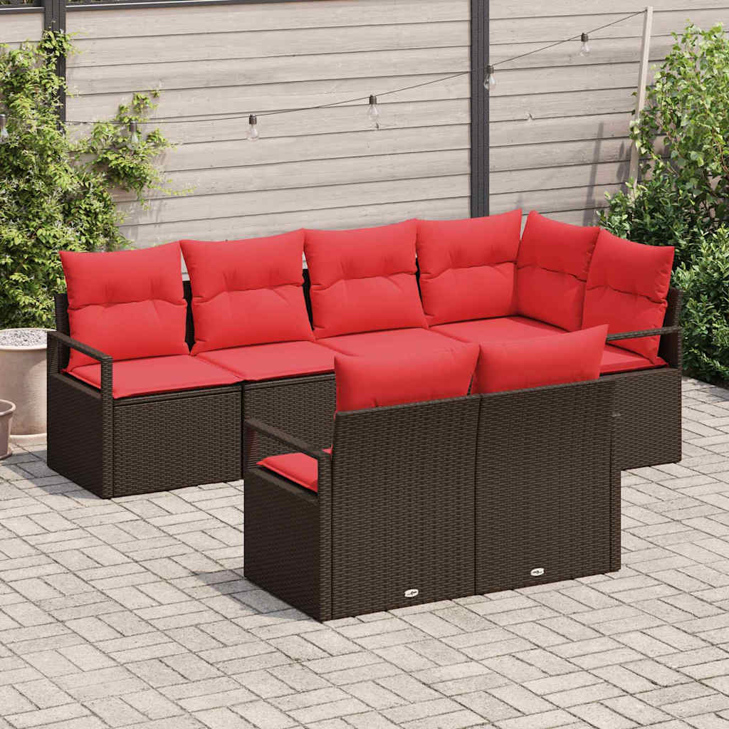 vidaXL Tuinbank Set met kussen 7 pcs Bruin en Rood poly rattan