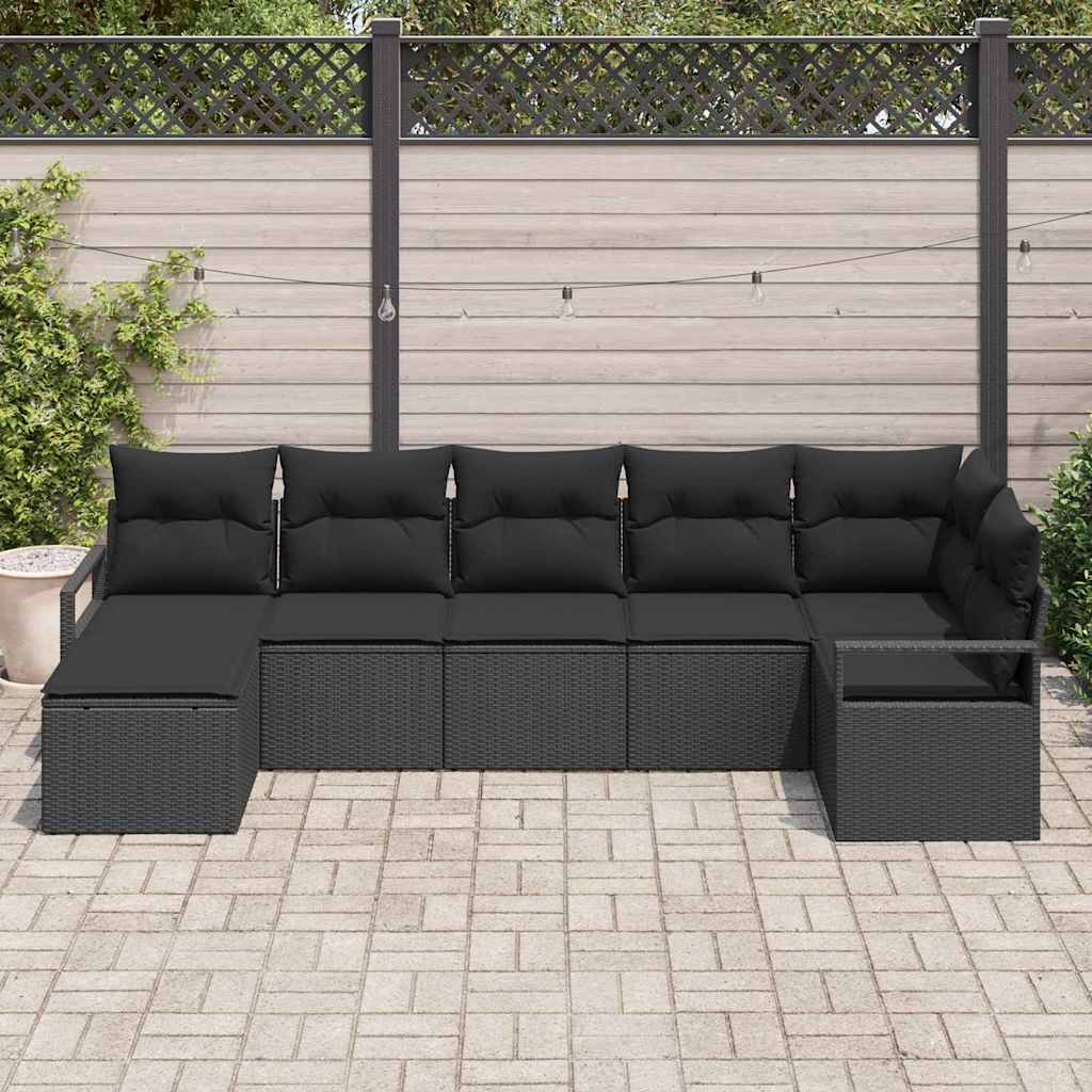 vidaXL Bankstel met kussen met opslag 7 pcs Zwart en Crème poly rattan