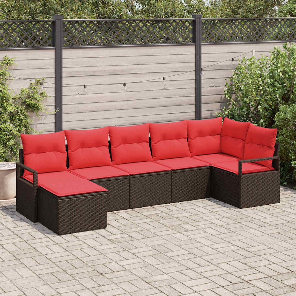 vidaXL Sofa set with cushions with storage 7 pcs Brown and Red poly rattan