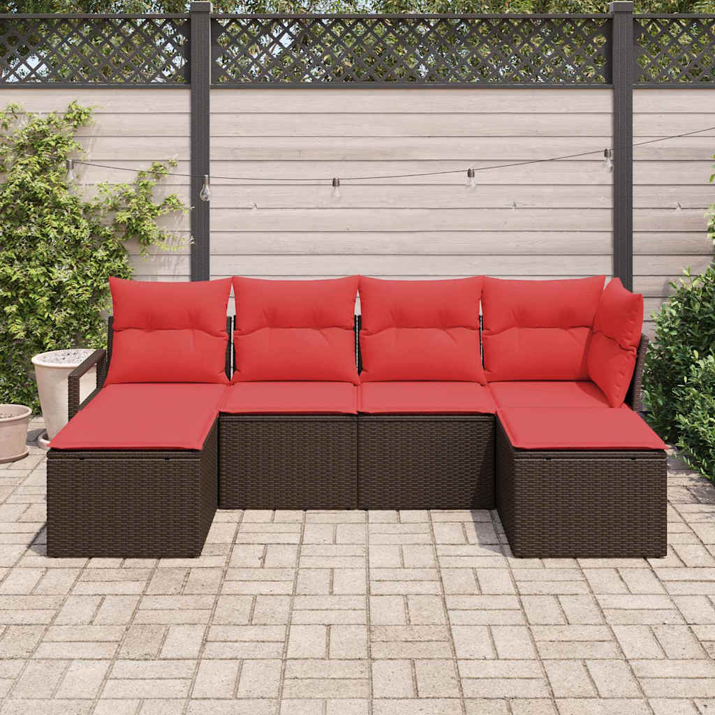 vidaXL Bankstel met kussen met opslag 6 pcs Bruin en Rood poly rattan