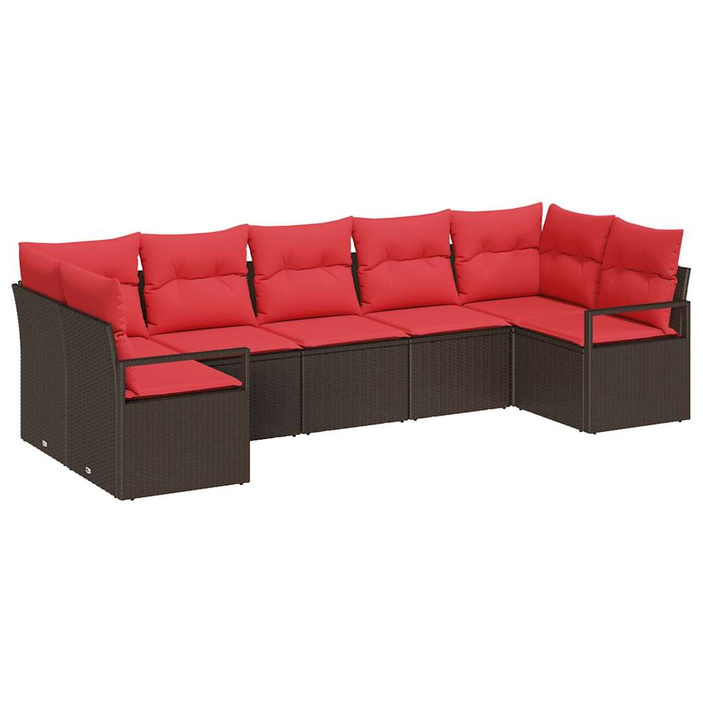 vidaXL Tuinbank Set met kussen 7 pcs Bruin en Rood poly rattan