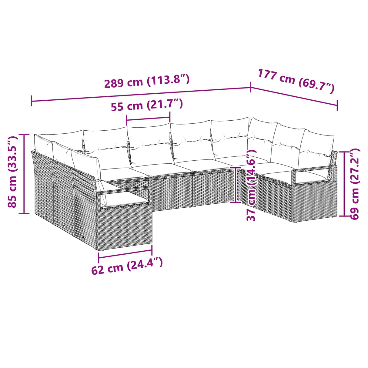 vidaXL Tuinbank Set met kussen 9 pcs Bruin en Rood poly rattan