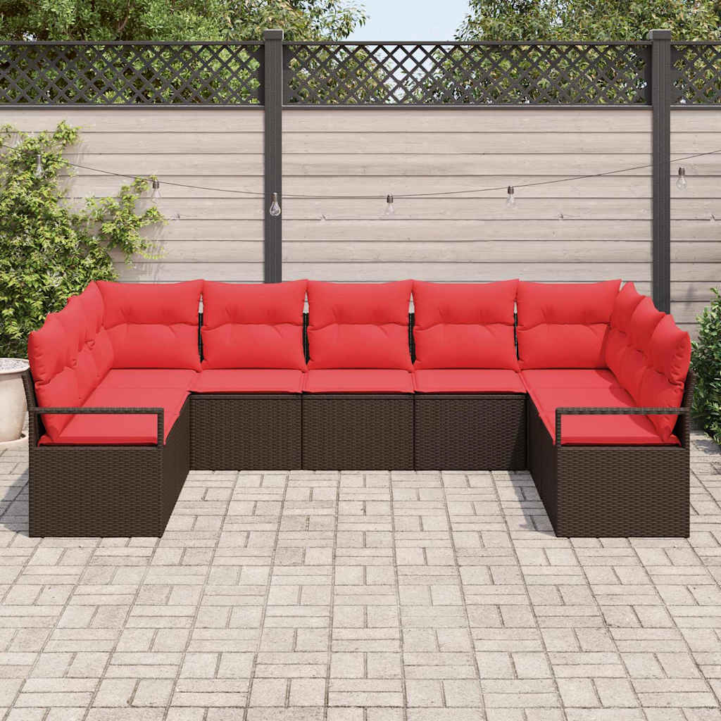 vidaXL Tuinbank Set met kussen 9 pcs Bruin en Rood poly rattan