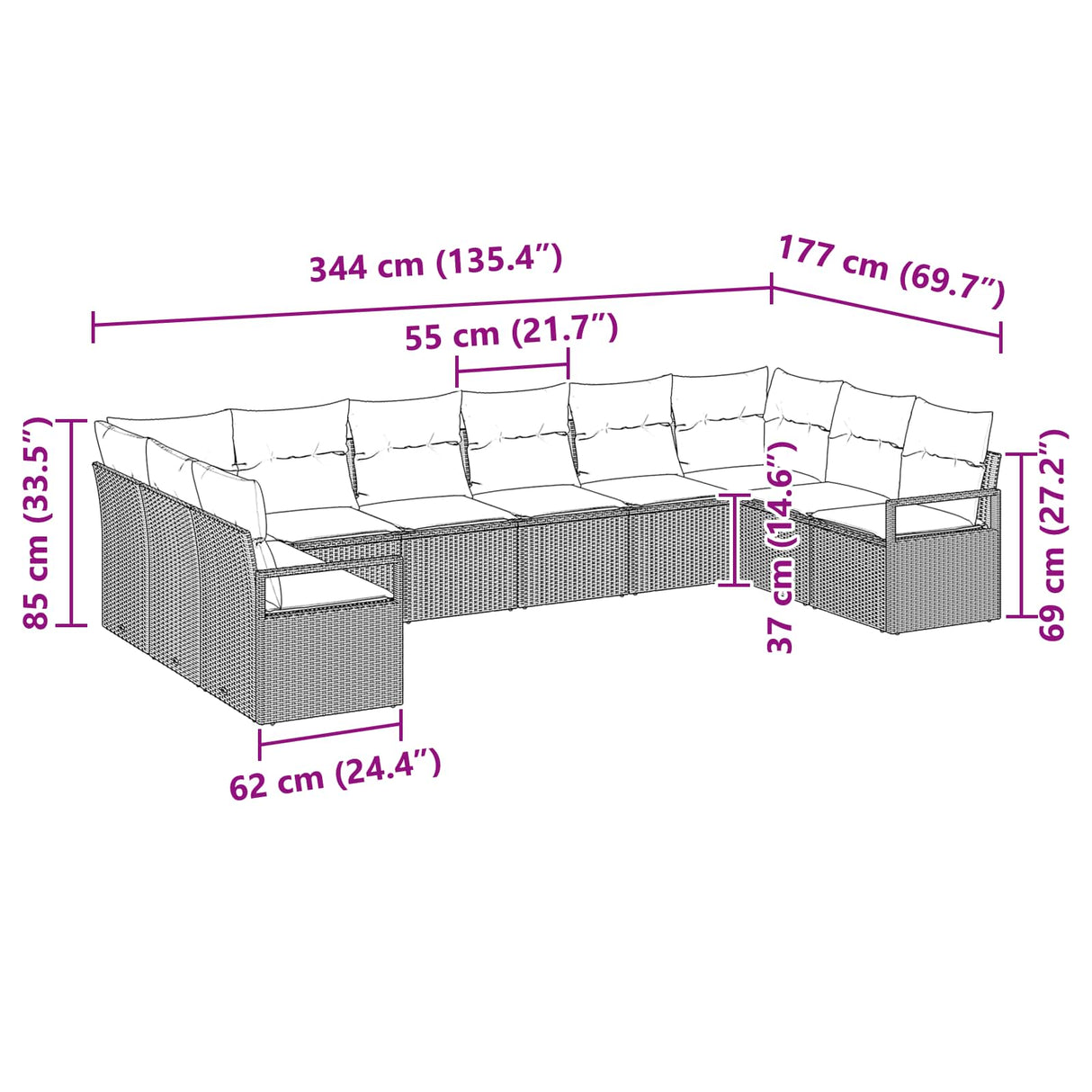 vidaXL Tuinbank Set met kussen 10 pcs Bruin en Rood poly rattan