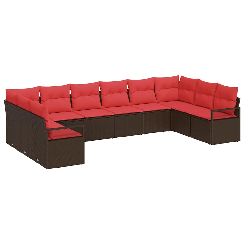 vidaXL Tuinbank Set met kussen 10 pcs Bruin en Rood poly rattan