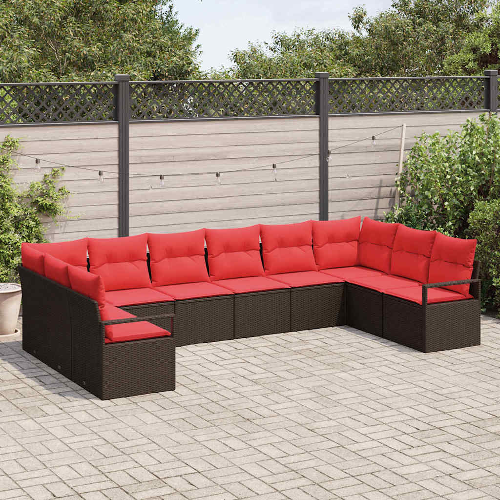 vidaXL Tuinbank Set met kussen 10 pcs Bruin en Rood poly rattan