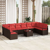 vidaXL Tuinbank Set met kussen 10 pcs Bruin en Rood poly rattan