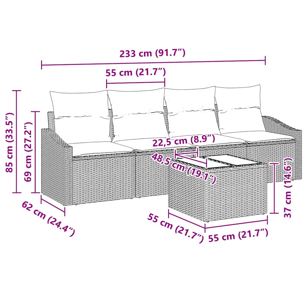 vidaXL Bankstel met kussen met opslag 5 pcs Zwart en Crème poly rattan