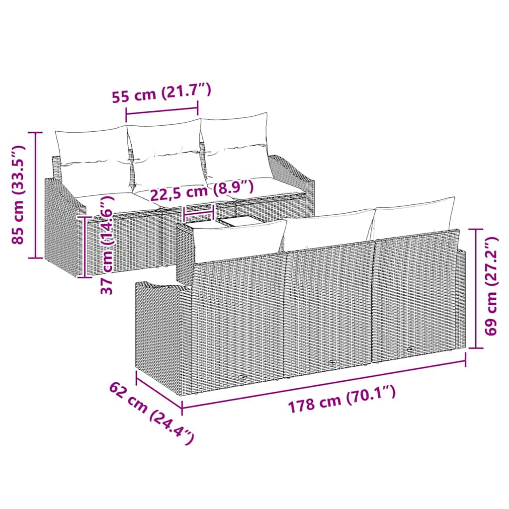 vidaXL Bankstel met kussen met opslag 7 pcs Zwart en Crème poly rattan