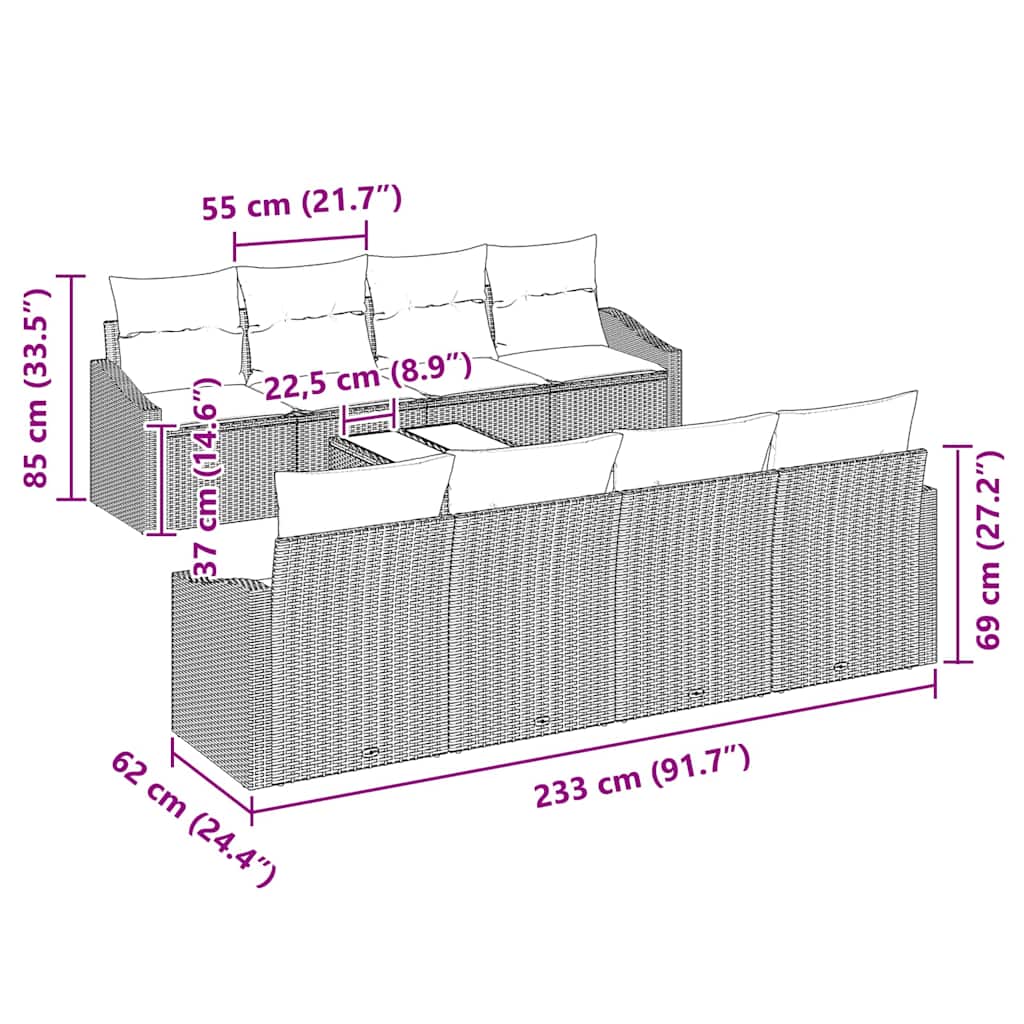 vidaXL Bankstel met kussen met opslag 7 pcs Zwart en Crème poly rattan