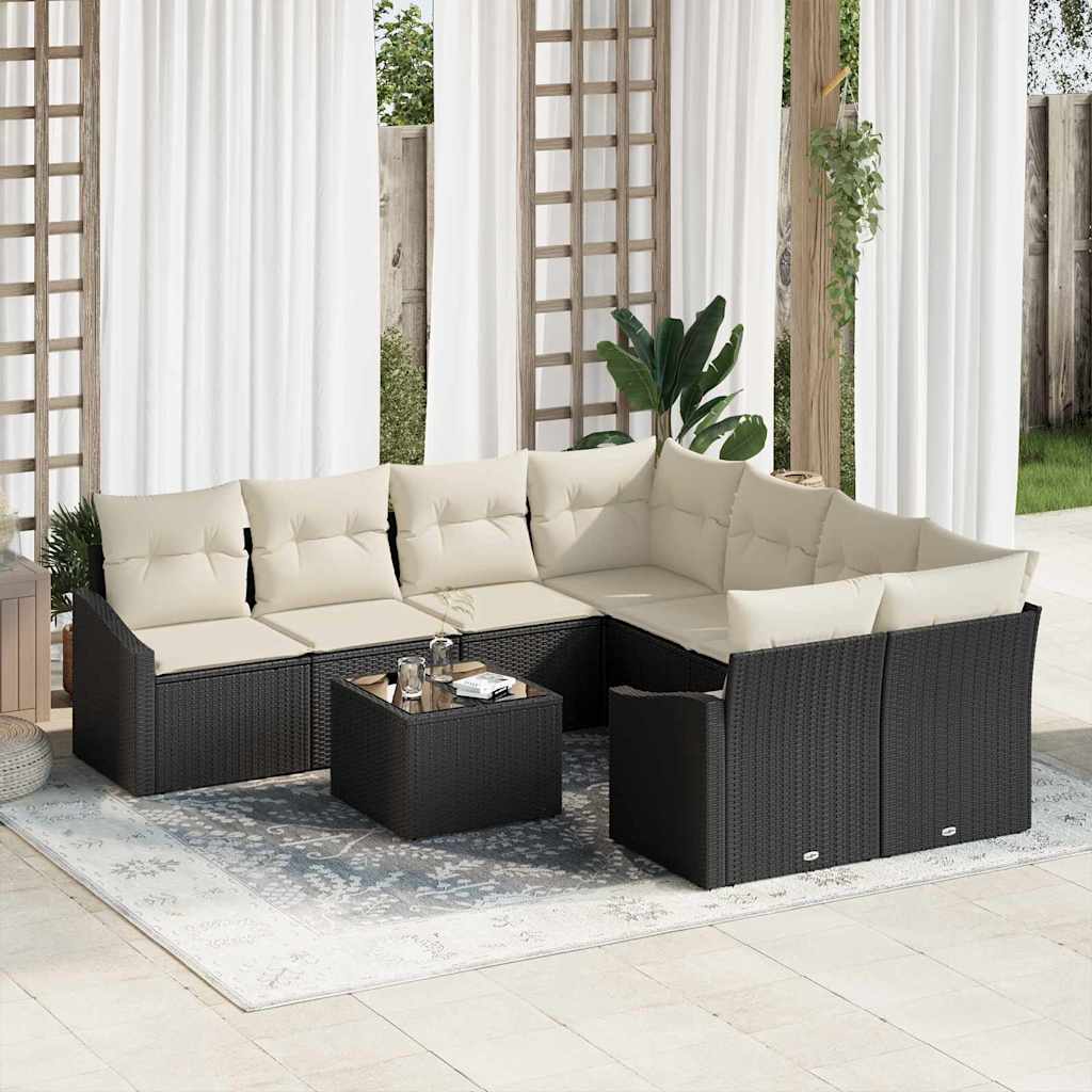 vidaXL Bankstel met kussen met opslag 9 pcs Zwart en Crème poly rattan