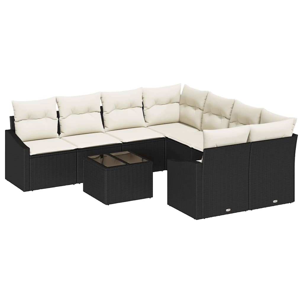 vidaXL Bankstel met kussen met opslag 9 pcs Zwart en Crème poly rattan
