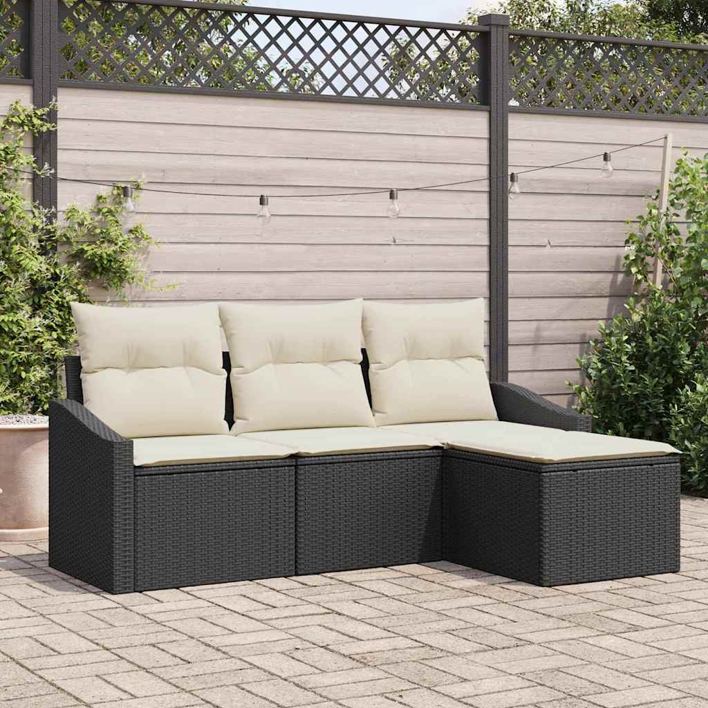 vidaXL Bankstel met kussen met opslag 4 pcs Zwart en Crème poly rattan