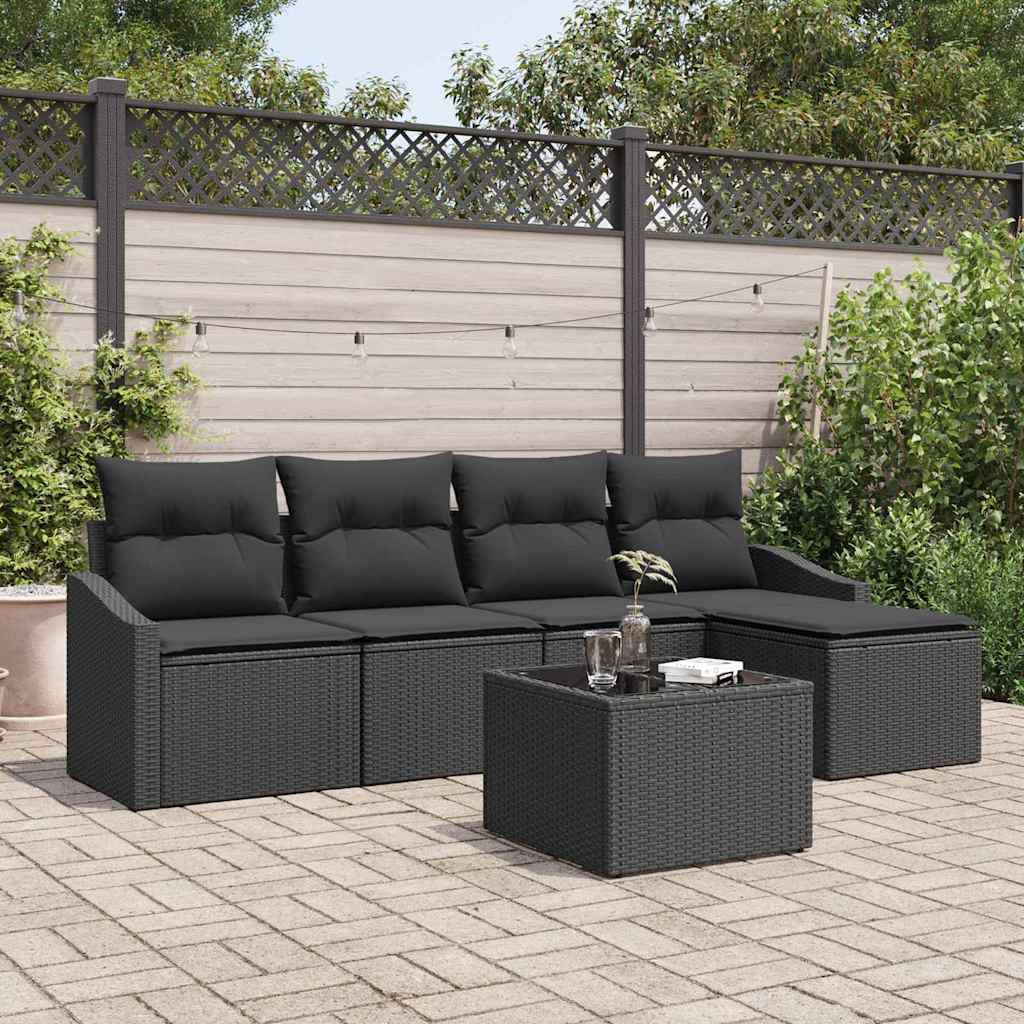 vidaXL Bankstel met kussen met opslag 5 pcs Zwart en Crème poly rattan