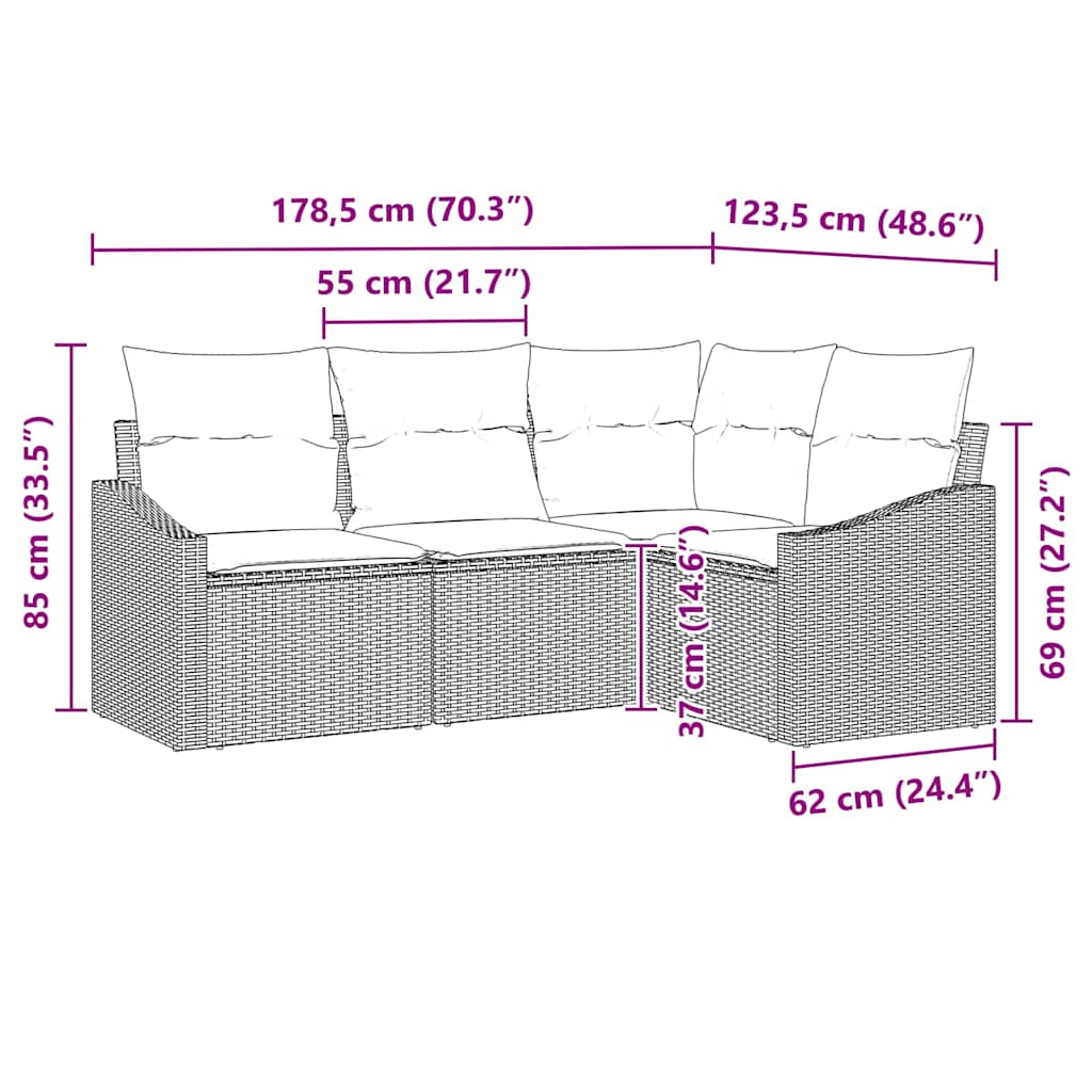vidaXL Tuinbank Set met kussen 4 pcs Zwart en Wit poly rattan