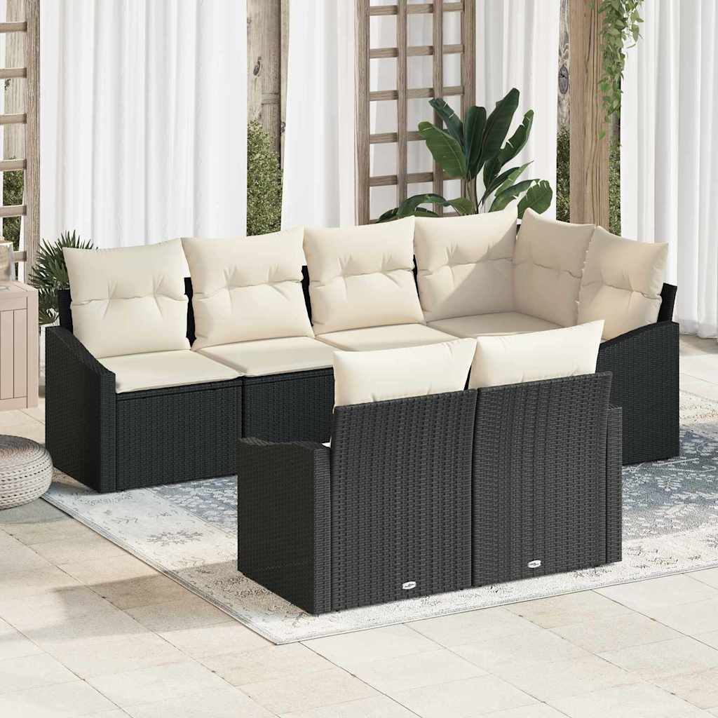 vidaXL Tuinbank Set met kussen 7 pcs Zwart en Wit poly rattan