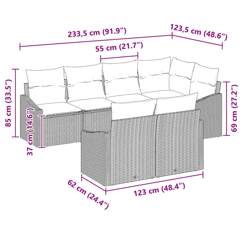 vidaXL Tuinbank Set met kussen 7 pcs Zwart en Wit poly rattan