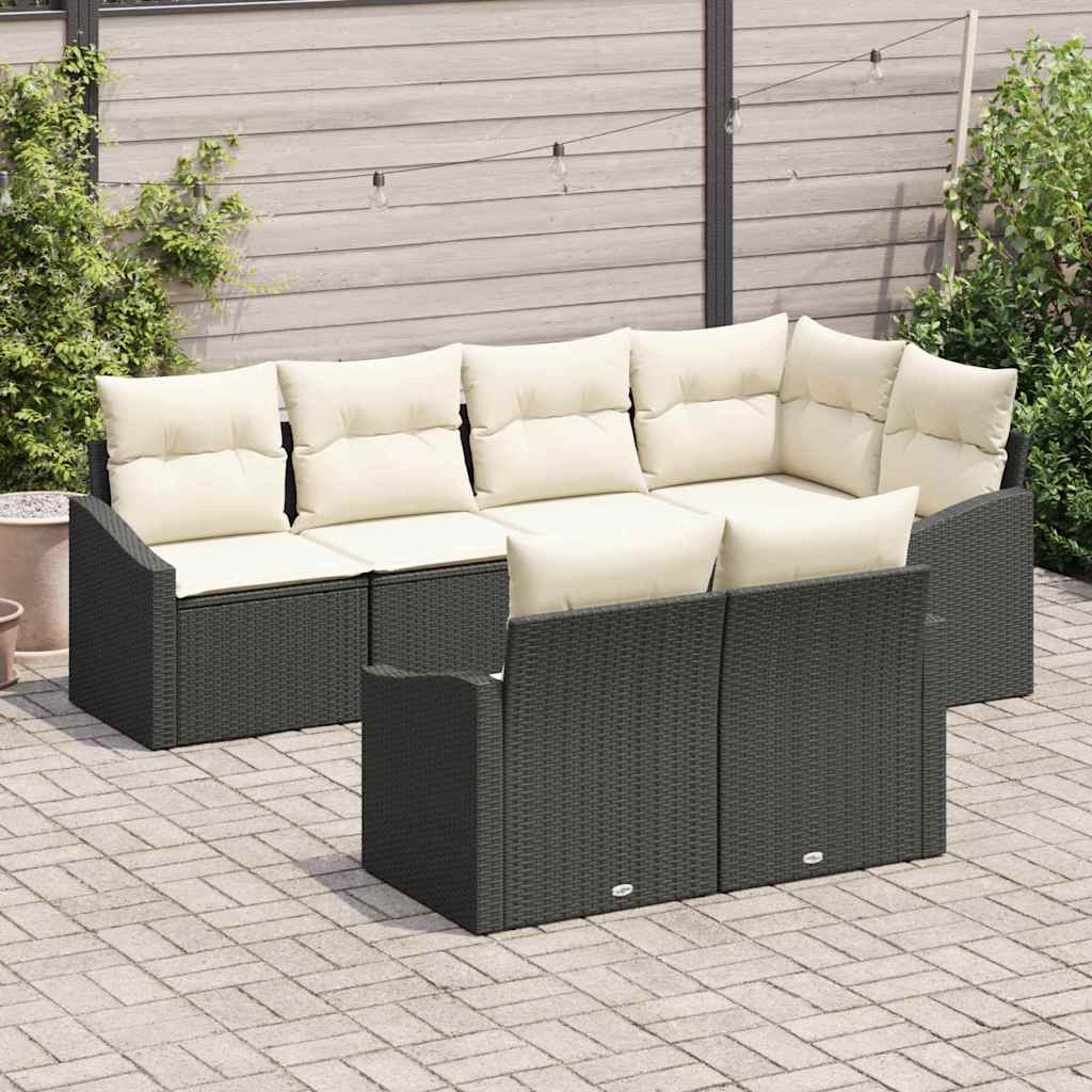 vidaXL Tuinbank Set met kussen 7 pcs Zwart en Wit poly rattan