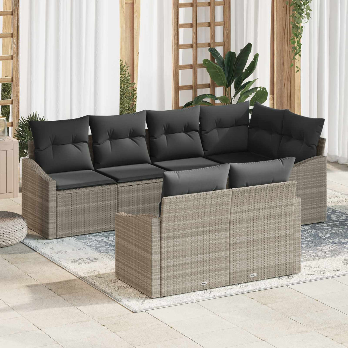 vidaXL Tuinbank Set met kussen 7 pcs Zwart en Wit poly rattan