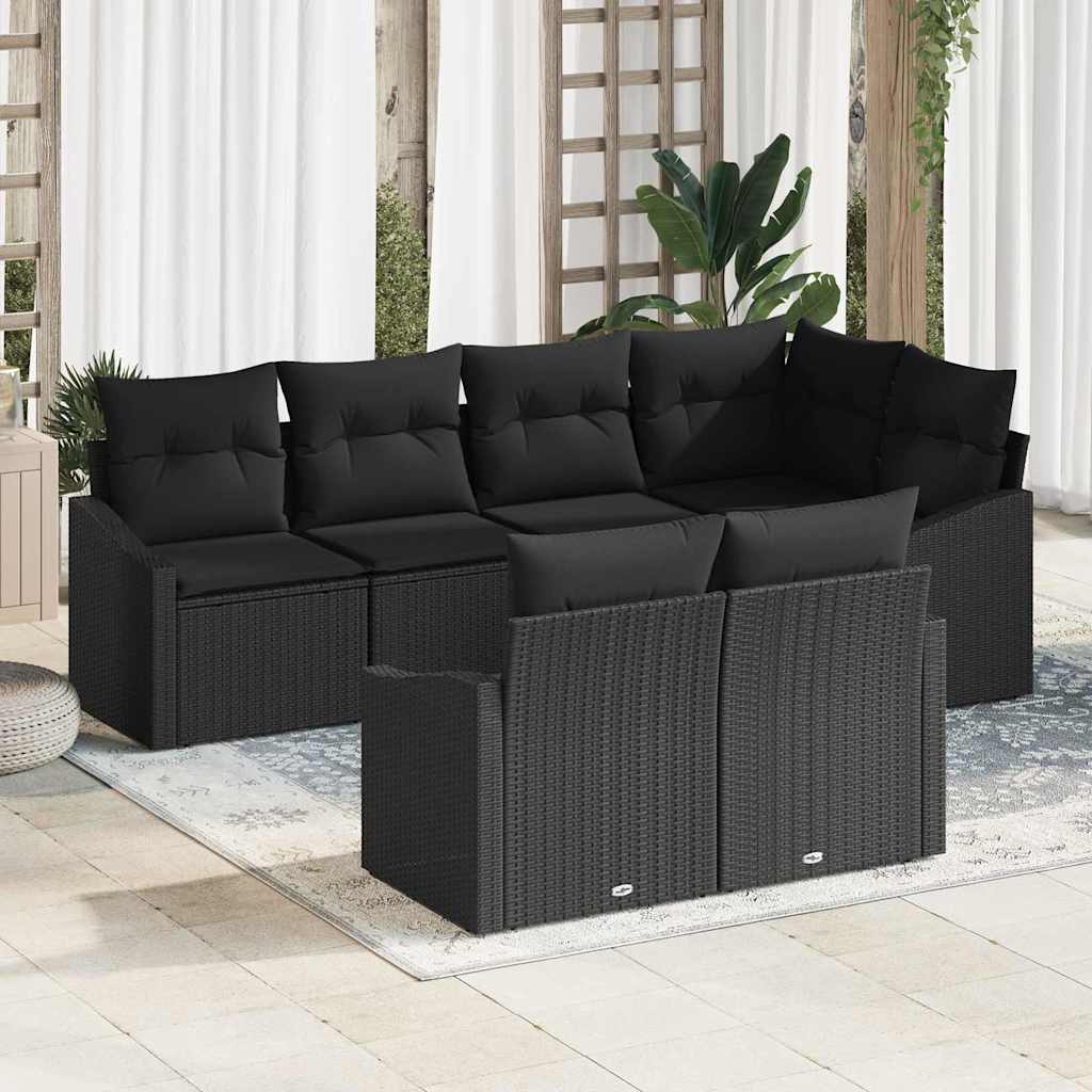 vidaXL Tuinbank Set met kussen 7 pcs Zwart en Wit poly rattan