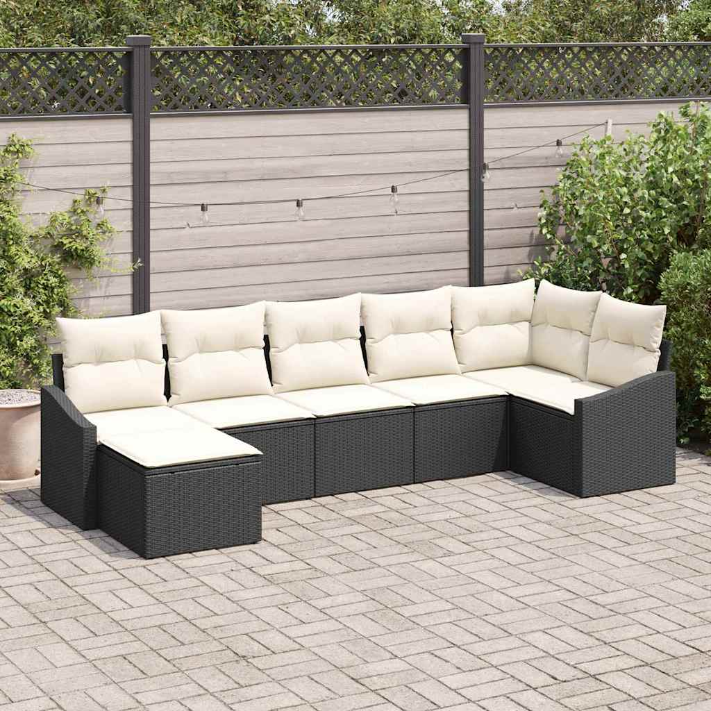 vidaXL Tuinbank Set met kussen 7 pcs Zwart en Crème poly rattan