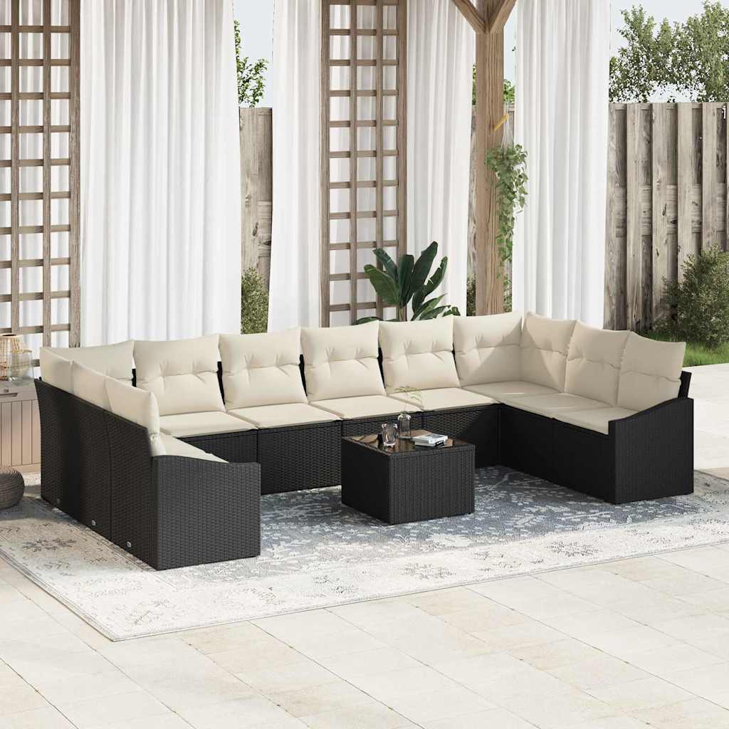 vidaXL Tuinbank Set met opslag 10 pcs Zwart en Crème poly rattan