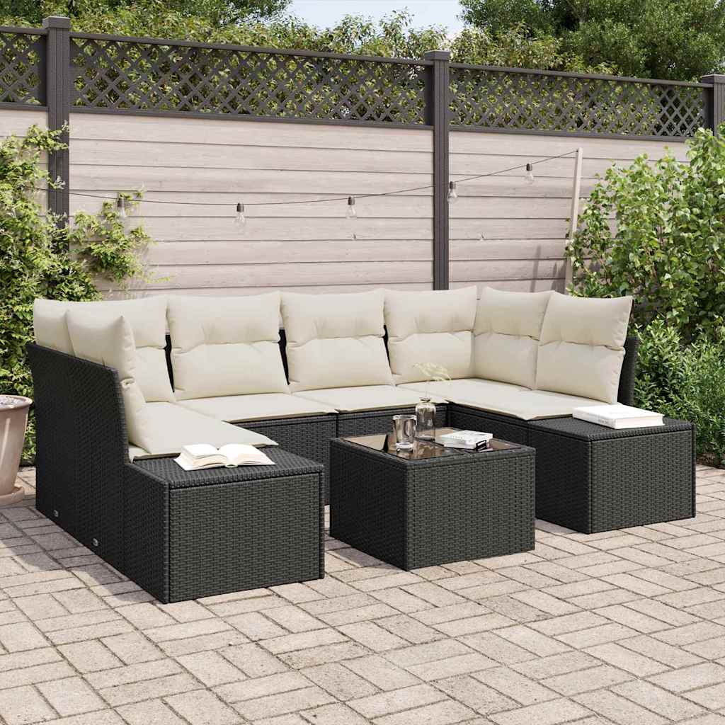 vidaXL Tuinbank Set met kussen 8 pcs Zwart en Crème poly rattan