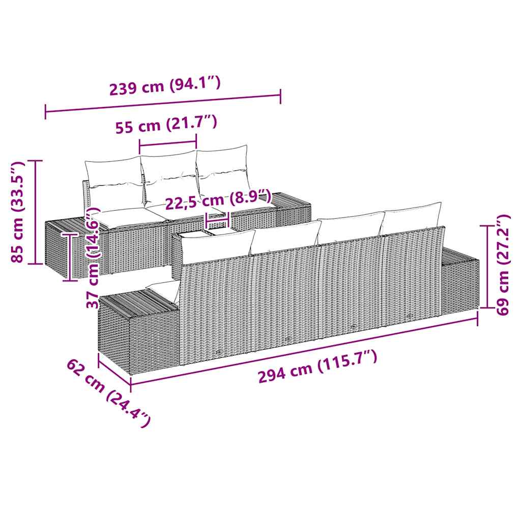 vidaXL Tuinbank Set met kussen 8 pcs Zwart en Crème poly rattan