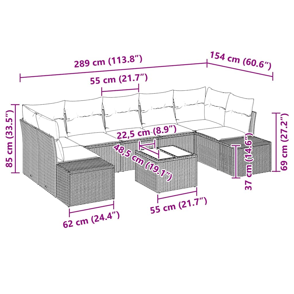 vidaXL Tuinbank Set met kussen 8 pcs Zwart en Crème poly rattan