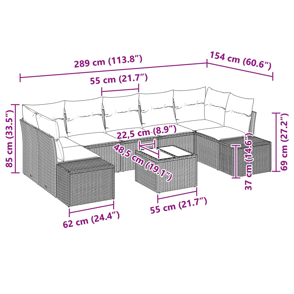 vidaXL Tuinbank Set 8 st Beige en Rood poly rattan