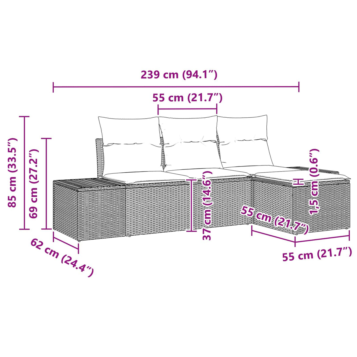 vidaXL Tuinbank Set 4 st Bruin en Rood poly rattan