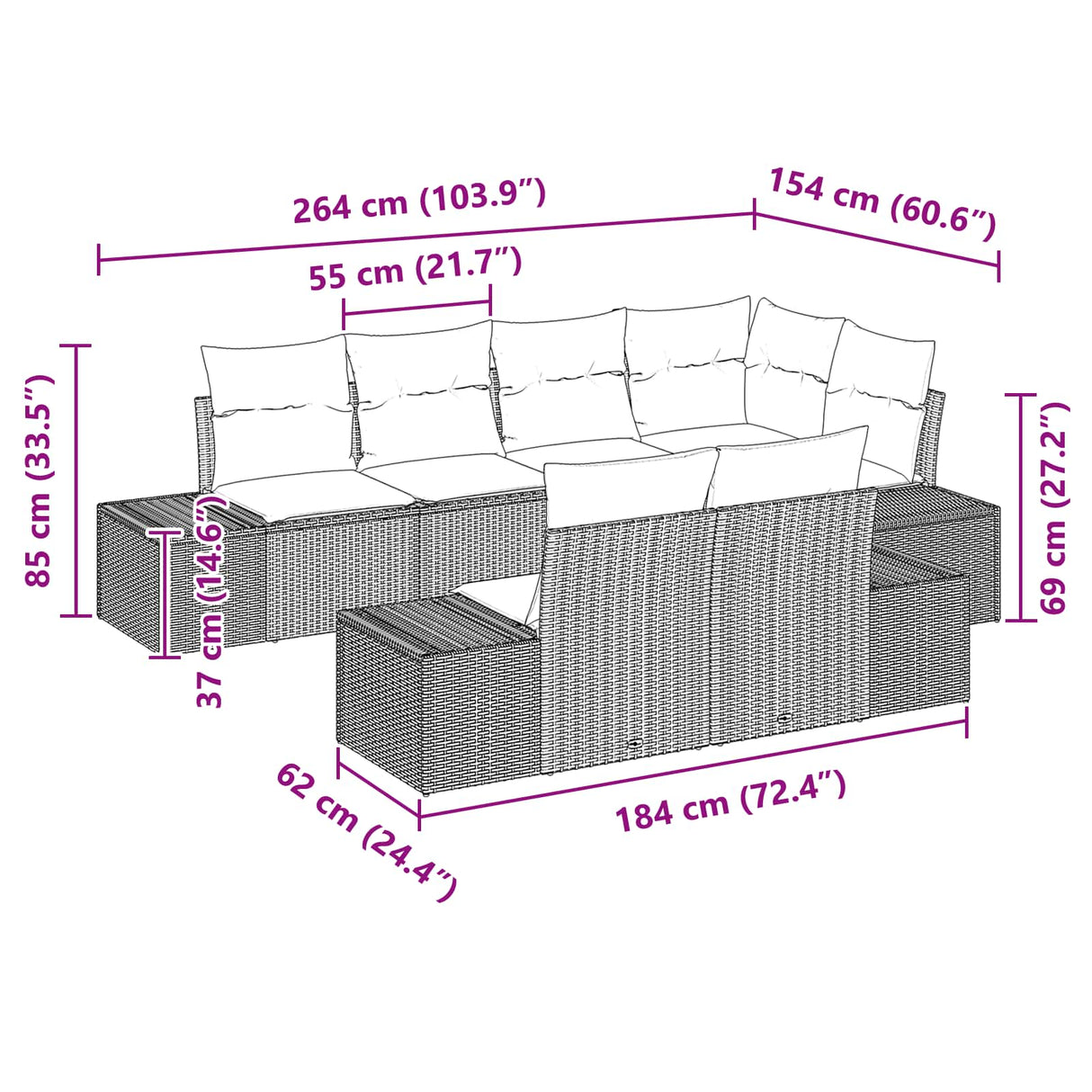vidaXL Tuinbank Set 7 st Bruin en Rood poly rattan
