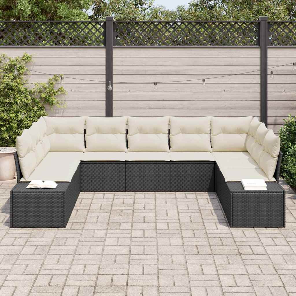 vidaXL Tuinbank Set met kussen 9 pcs Zwart en Crème Polyrattan