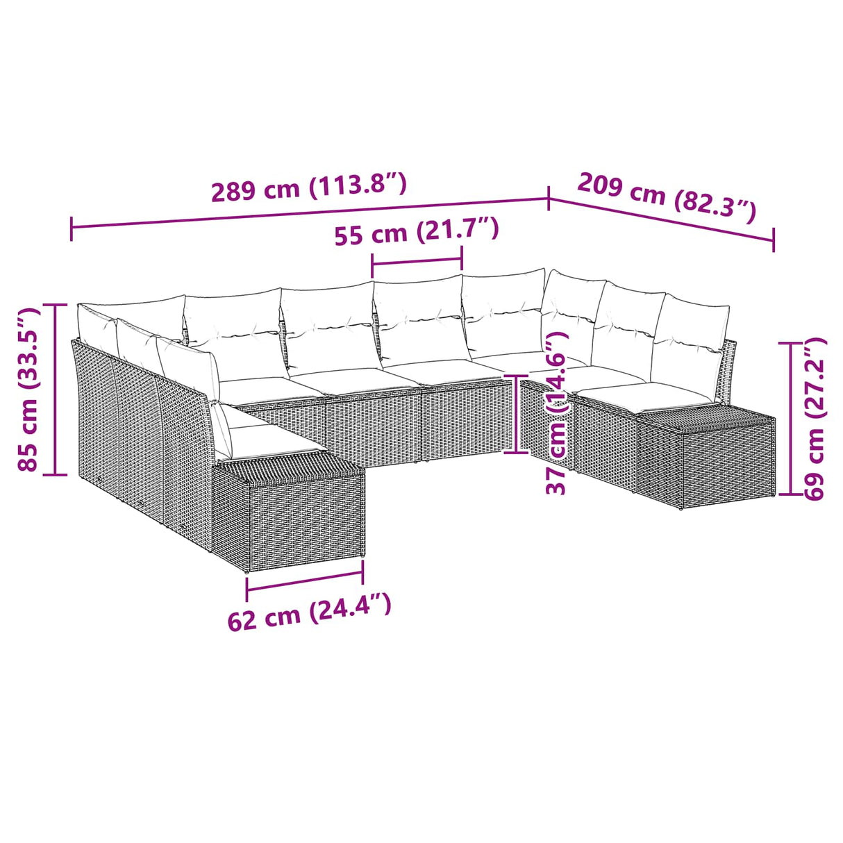 vidaXL Garden Sofa Set 9 pcs 8-Seater Brown and Red Polyrattan